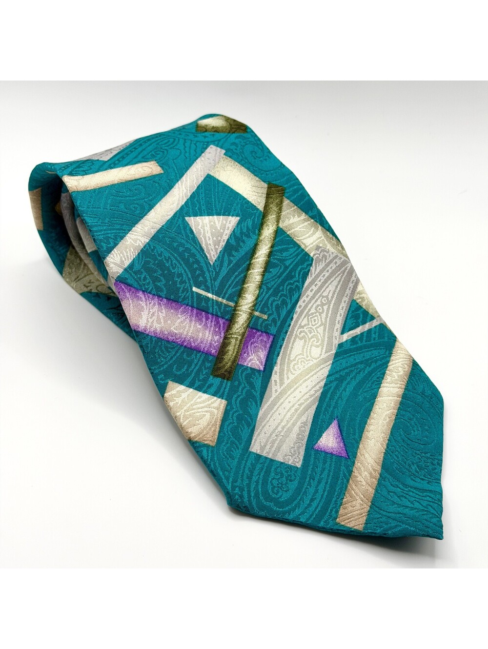 Vintage 90s Austin Grey Teal Silk Abstract Geometric Tie